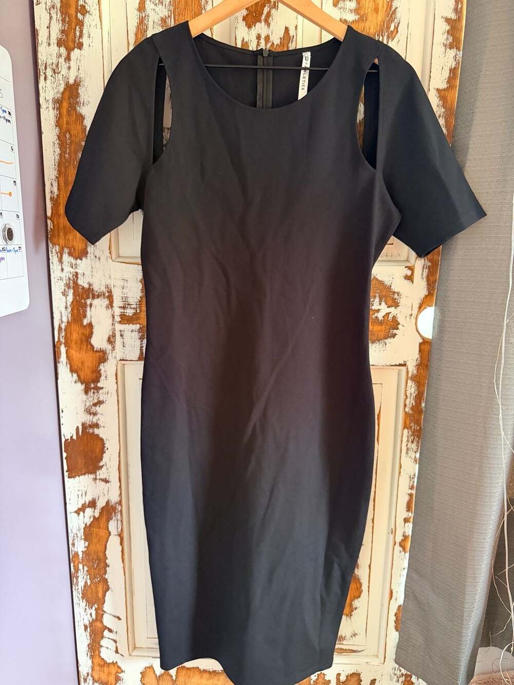 Fabletics Eva Midi Dress in Black Cold Shoulder Style Sz M Mob Wife Office Chic
